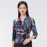 古色SUSSI 春秋季交插V领彩印时尚减龄五分袖印花上衣女衬衫