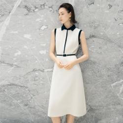 颜域 2026夏季新款连衣裙女撞色翻领含亚麻透气收腰显瘦气质裙子