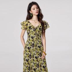 伊华欧秀 度假风浪漫碎花V领连衣裙女夏收腰显瘦长款鱼尾裙