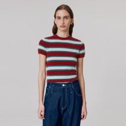 Fabrique 红白色宽窄交叉条纹短毛衫夏季款女式针织衫