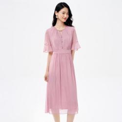 BUOUBUOU 珍珠腮红春夏季新品浪漫喇叭袖钉珠雪纺顺纡绉连衣裙女
