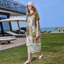 卡米兰 蕾丝拼接印花连衣裙女夏2025新款独特宽松直筒度假裙子