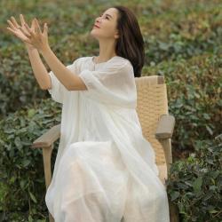 麻霖 100支苎麻时尚通勤宽松显瘦七分袖双层连衣裙女夏