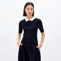 XII BASKET 十二篮夏款撞色polo领波浪边修身针织衫女
