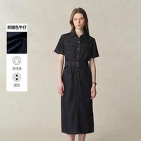 限尺码:E·LAND 衣恋 E.LAND 衣恋牛仔连衣裙女衬衫领A字微落肩裙夏款