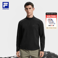 FILA 官方男士针织长袖上衣2025冬新款户外运动舒适摇粒绒长T 深黑-BK