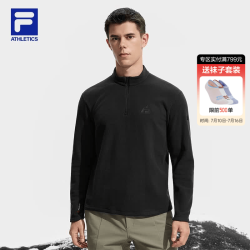 FILA 官方男士针织长袖上衣2025冬新款户外运动舒适摇粒绒长T 深黑-BK