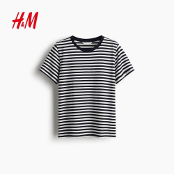 H&M 棉质 女士T恤 白色/海军蓝条纹 M 165/96