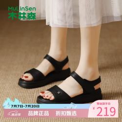木林森 女鞋牛皮革凉鞋 夏季一字带凉鞋通勤百搭优雅女士魔术贴凉鞋子