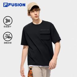 FILA FUSION斐乐潮牌男子针织短袖衫2026秋季新款吸湿速干凉感T恤 正黑色-BK