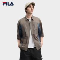 FILA 易烊千玺同款官方男士梭织短袖外套2026夏新款拼色宽松衬衫 枯木卡其-MK
