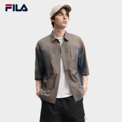 FILA 易烊千玺同款官方男士梭织短袖外套2026夏新款拼色宽松衬衫 枯木卡其-MK