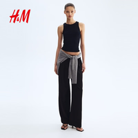 H&M 女装休闲裤2026夏季新款高腰户外出游时尚松紧腰阔腿裤1216645 黑色 XS 155/64
