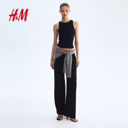 H&M 女装休闲裤2026夏季新款高腰户外出游时尚松紧腰阔腿裤1216645 黑色 XS 155/64