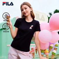 FILA 官方女装针织短袖衫2026春新款时尚休闲小猫刺绣圆领凉感T恤 正黑色-BK 2XL