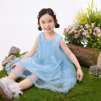 茵曼 女童网纱公主连衣裙26夏甜美蝴蝶结木耳边无袖背心长裙宝宝裙子