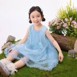 茵曼 女童网纱公主连衣裙26夏甜美蝴蝶结木耳边无袖背心长裙宝宝裙子