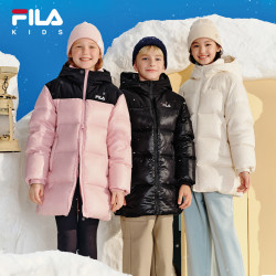 FILA 粉彩风亮面拼接设计新款中长款羽绒服中大童K52B541909