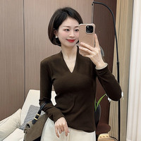 V领修身正肩T显瘦长袖t恤女气质百搭上衣2026年早春新款加绒磨毛
