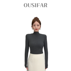 OUSiFAR中领高领春季新款内搭显瘦修身内搭打底衫螺纹T恤长袖女装