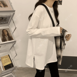 长袖T恤春秋内搭女圆领开叉中长款韩版百搭宽松白色打底衫