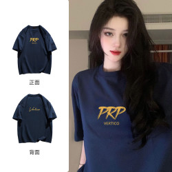 PRPN藏青色夏季简约字母印花纯棉短袖T恤休闲情侣时尚上衣#N0300