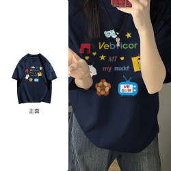 PRPN美式复古卡通藏青色纯棉短袖T恤女夏季宽松百搭上衣#N0433