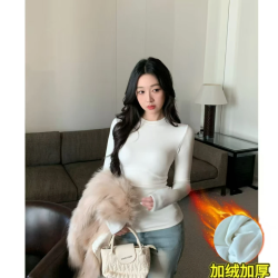 加绒加厚摇粒绒秋冬打底衫正肩圆领收腰显瘦长袖T恤