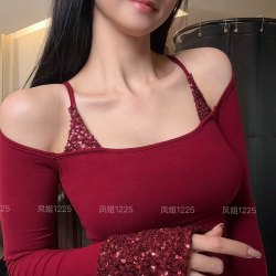 蓝达儿亮片纯欲辣妹性感修身上衣长袖打底衫