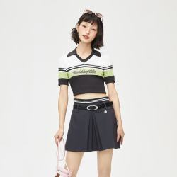 乐町 翻领字母绣V领短袖女装POLO衫夏装上衣