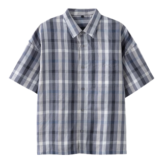 無印良品 MUJI AC17CC6S 汉麻混纺 灰色格纹 M码 男士短袖衬衫