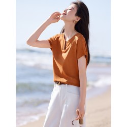 沫晗依美 显瘦恤26夏季新休闲款时髦弹力晕染修身显瘦V领设计感T恤