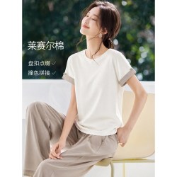 沫晗依美 莱赛尔透气2026夏季新款撞色拼接新中式盘扣简约短袖T恤