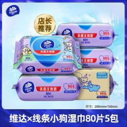 维达 线条小狗杀菌湿巾80片5包清洁免洗成人卫生翻盖湿纸巾
