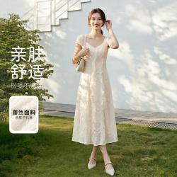 马克华菲 女装欧美风修身显瘦高腰时尚蕾丝连衣裙夏季轻薄透气短袖名媛裙子