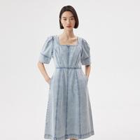 限尺码：播 女士方领中长款牛仔连衣裙