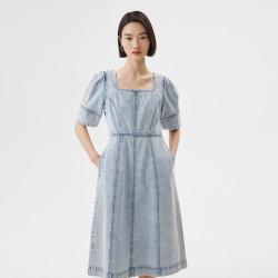 播 女士方领中长款牛仔连衣裙