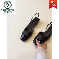 啄木鸟 羊皮方头粗跟后空凉鞋