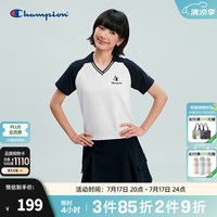 Champion 短袖POLO衫女2026春季新款v领插肩袖短上衣美式复古简约 白色藏青色拼接 L