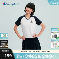 Champion 短袖POLO衫女2026春季新款v领插肩袖短上衣美式复古简约 白色藏青色拼接 L