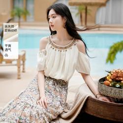 香影 夏装度假风挂脖露肩上衣含亚麻钉珠短袖波西米亚小衫