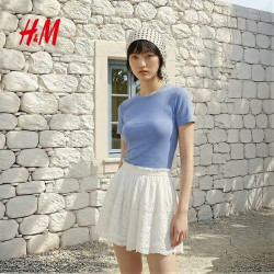 H&M 2026夏季新款女装修身正肩圆领短袖1000129 天空蓝 S