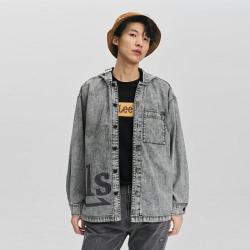Lee 商场同款秋季舒适版浅灰色男连帽长袖牛仔衬衫潮流休闲