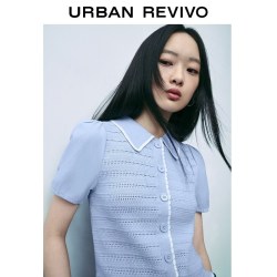 UR UR2026秋季新款女装休闲泡泡袖翻领镂空针织开衫UYY960066+