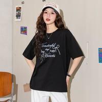 热风 春夏女款时尚韩系简约甜酷印花宽松百搭运动休闲圆领短袖T恤上衣