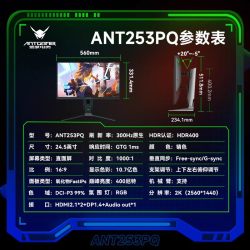 蚂蚁电竞 ANT253PQ 24.5英寸 IPS G-sync FreeSync 显示器（2560×1440、300Hz、99% DCI-P3、HDR400）