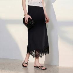 三彩 2026夏季高腰花边拼接小黑裙半身裙女洋气