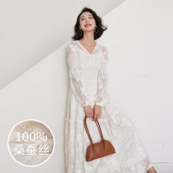 思诺芙德 V领真丝高腰度假女春夏气质A字连衣裙