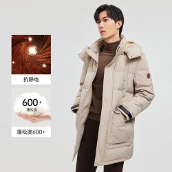 七匹狼 男士连帽可脱卸羽绒服 中长羽绒外套