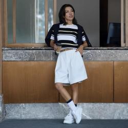 FILA 女装高尔夫系列运动针织衫女士条纹修身编织衫